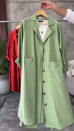 Women Coat Style Long Shirt & Trouser Set